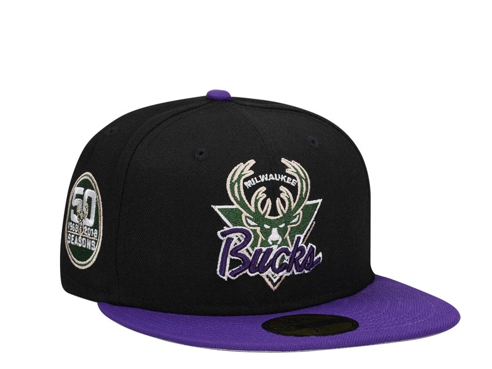 New Era Milwaukee Bucks 50th Anniversary Black Purple Two Tone Classic Edition 59Fifty Fitted Gorra