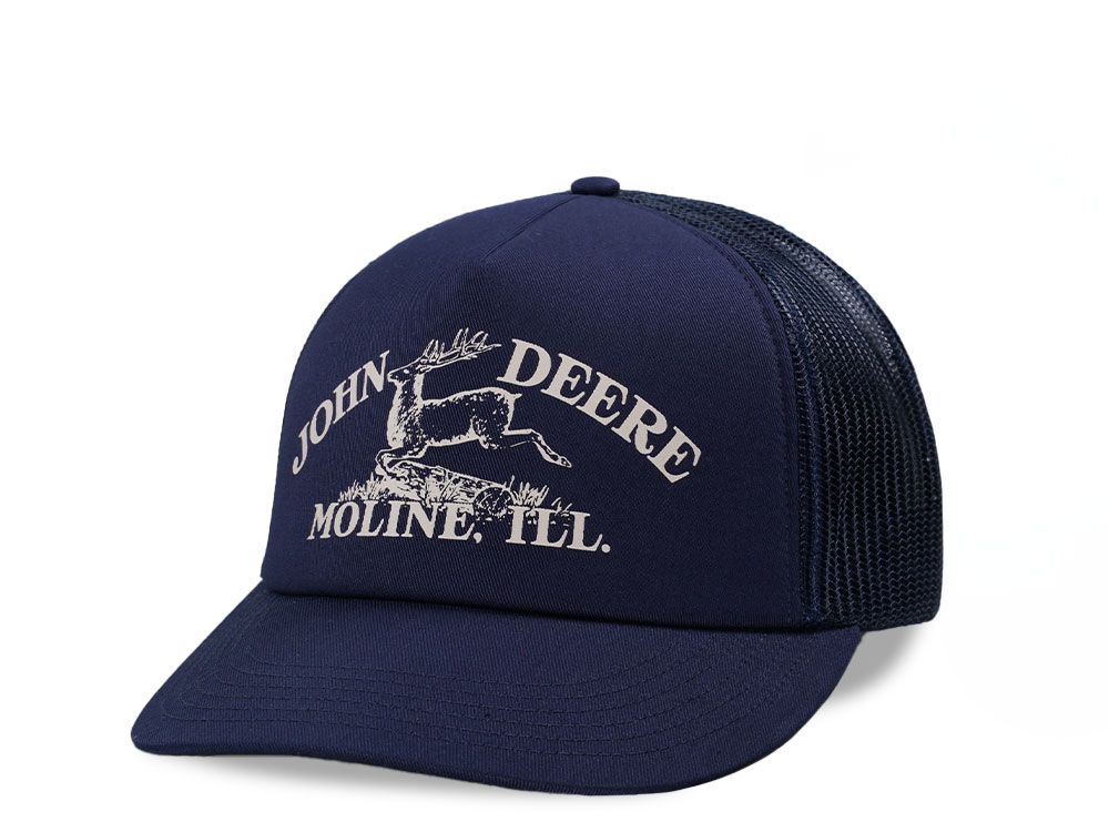 John Deere Moline Vintage Print Navy Trucker Snapback Gorra