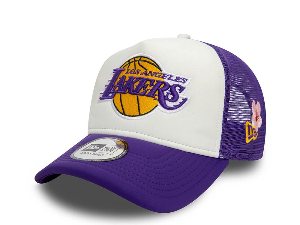 New Era Los Angeles Lakers Flower Purple and White 9Forty A Frame Trucker Snapback Gorra