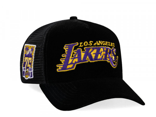 New Era Los Angeles Lakers 75th Anniversary Black Velvet 9Forty A Frame Trucker Snapback Cap